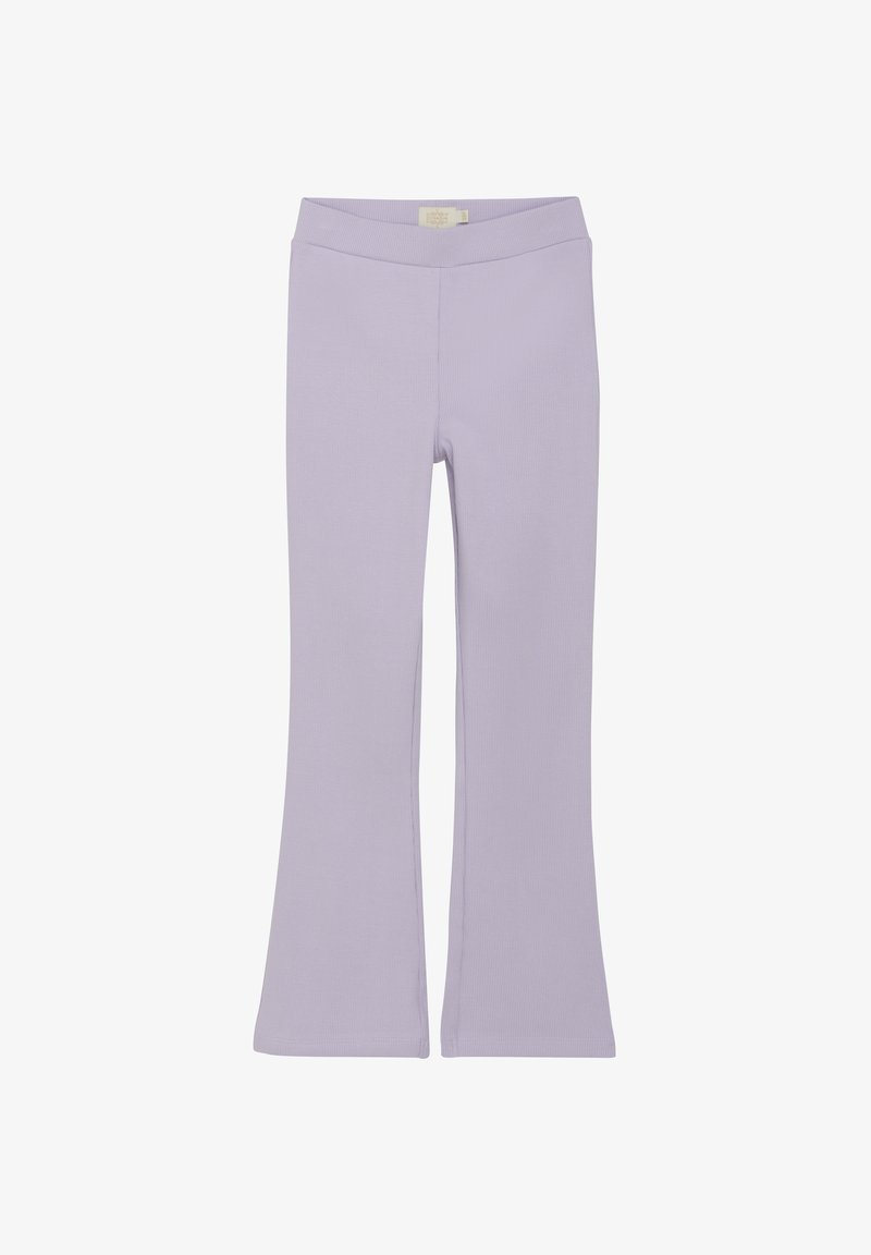 Lavendel flared leggings lavet af ribbet stof. Har en høj talje og en glat tekstur. Kanterne er lige og skarpe.