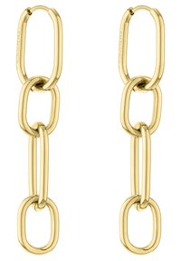 Orecchini a cerchio in tonalità oro con anelli ovali e rettangolari alternati, finitura in metallo lucido con una texture liscia.