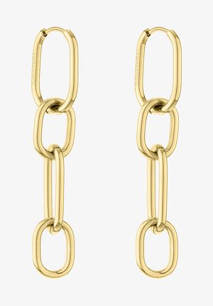 Orecchini a cerchio in tonalità oro con anelli ovali e rettangolari alternati, finitura in metallo lucido con una texture liscia.