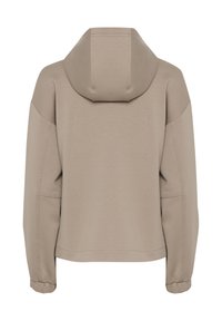Beige vetoketjullinen huppari, jossa on rento istuvuus, raglan-hihat, resorit ja sileä pinta. Ominaisuuksiin kuuluu minimalistinen sauman yksityiskohtaisuus.