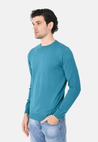 Pullover teal a maniche lunghe in morbido e liscio tessuto con scollatura a girocollo e polsini a costine, abbinato a jeans blu chiaro.
