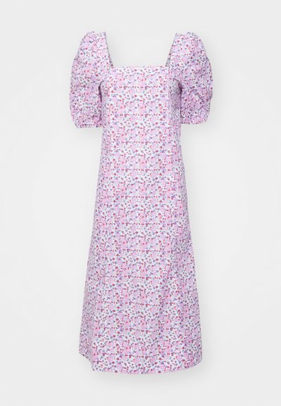 Midi obleka z napihnjenimi rokavi v svetlo vijoličasti blazini z večbarvnim cvetličnim vzorcem, z kvadratnim izrezom in sproščenim silhuetom.
