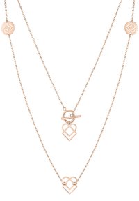 Rose guld dobbeltlag halskæde med to sammenkoblede hjertevedhæng og en toggle lås; delikate kæder med runde logo accenter.