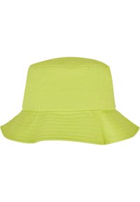 Lys grønne bucket hat lavet af stof, med en bred, fleksibel skygge og en let struktureret krone. Ingen synlige mønstre eller hardware.
