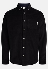 Schwarze Cordhemd mit Button-Down-Kragen, Fronttasche und weißen Knöpfen. Verfügt über eine vertikale Rippstruktur und lange Ärmel.