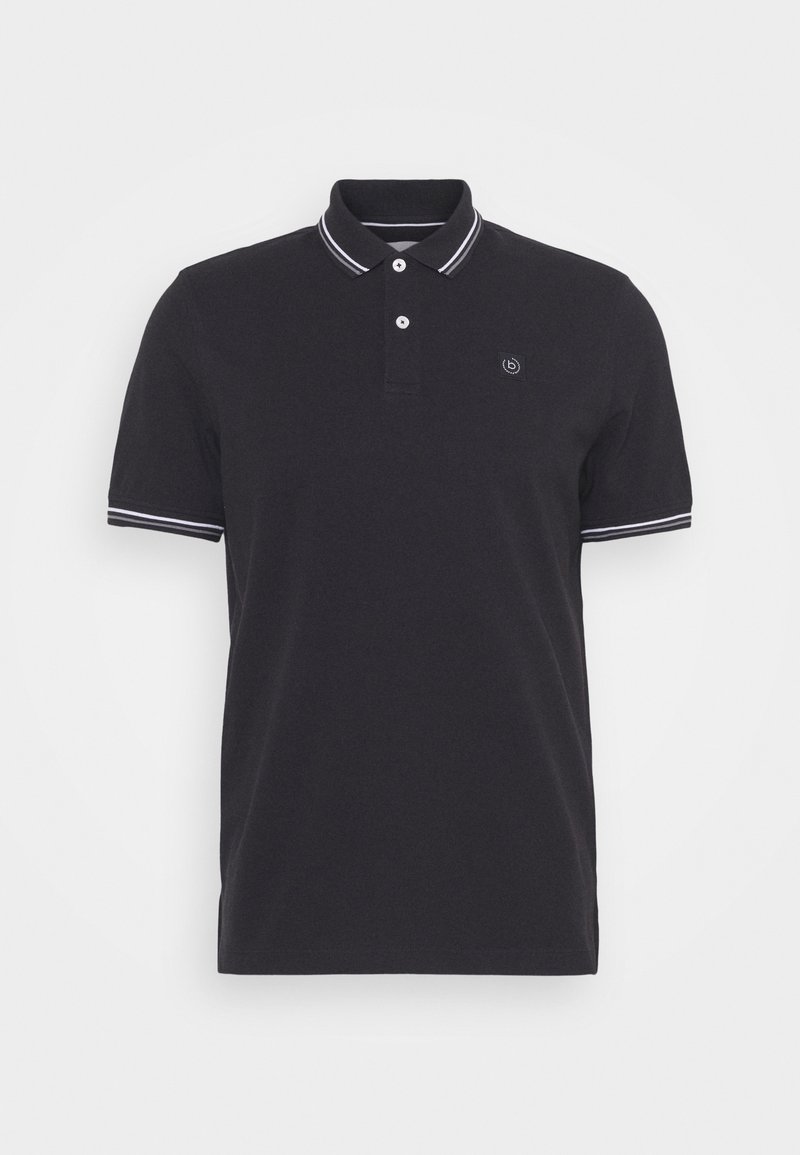 Polo noir à manches courtes avec double rayures blanches sur le col et les poignets des manches, deux boutons blancs et petit logo sur la poitrine.