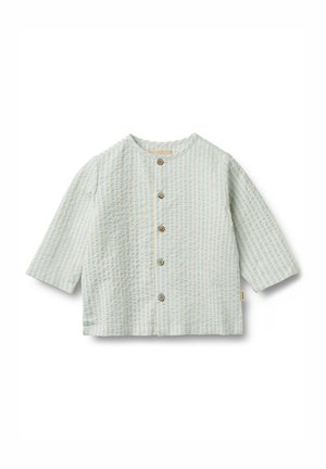 Lyseblå og hvide stribede skjorte med lange ærmer, rund hals og fem knapper foran. Tekstureret stof med en firkantet form.