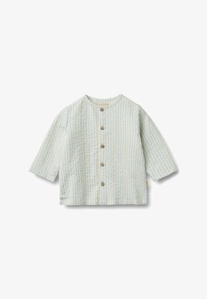 Svietlo modrá a biela pruhovaná košeľa s dlhými rukávmi, okrúhlym výstrihom a piatimi gombíkmi vpredu. Textúrovaná látka s rovným strihom.