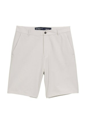 Světlé šedé šortky vyrobené z texturované tkaniny, s předními kapsami, zapínáním na jeden knoflík a páskem s označením velikosti M.