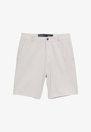 Heledad hallid lühikesed püksid, mis on valmistatud tekstureeritud kangast, esiküljel on taskud, ühe nupukinnitus ja vöökohal etikett, mis näitab suurust M.