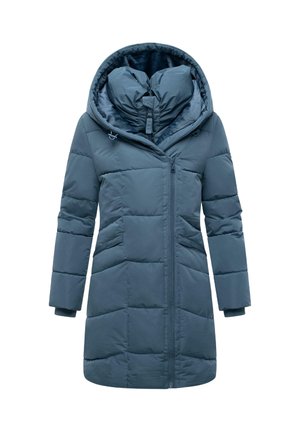 Padded teal winter coat with a high collar, adjustable hood, zip closure, and two side pockets. Smooth, water-resistant exterior.