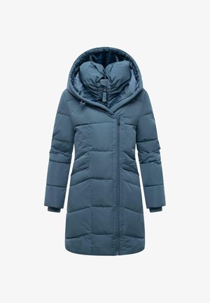 Padded teal winter coat with a high collar, adjustable hood, zip closure, and two side pockets. Smooth, water-resistant exterior.
