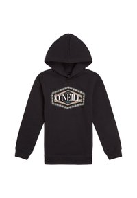 Svart hoodie med en känguruficka och huva med snörning. Har en central grafisk logotyp med geometriska mönster och en texturerad design.