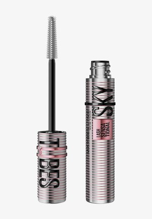 Maybelline Lash Sensational Sky high mascara with silver and pink striped tube and visible black mascara wand.