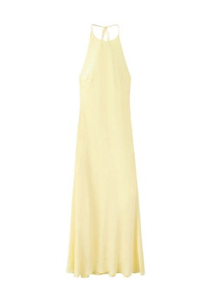 Vestido largo sin mangas de color amarillo pálido con escote alto y tirantes finos que se atan en la espalda.