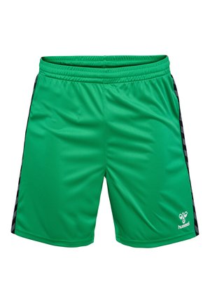Pantaloni sportivi verdi realizzati in tessuto liscio, con una striscia nera di accento sui lati e un piccolo logo in basso a destra.