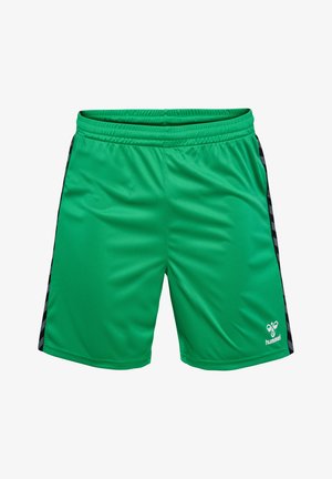 Gröna sportshorts tillverkade av slätt tyg, med en svart accentrand på sidorna och en liten logotyp längst ner till höger.
