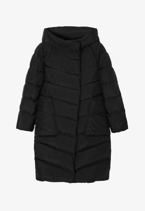 Black puffer coat with a hood, featuring a chevron quilted pattern, long sleeves, and a straight cut. Smooth texture and lightweight material.