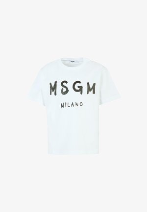 Biała bawełniana koszulka z krótkim rękawem z mocnym czarnym napisem "MSGM" oraz "MILANO" wydrukowanym w stylu pędzla. Okrągły dekolt.