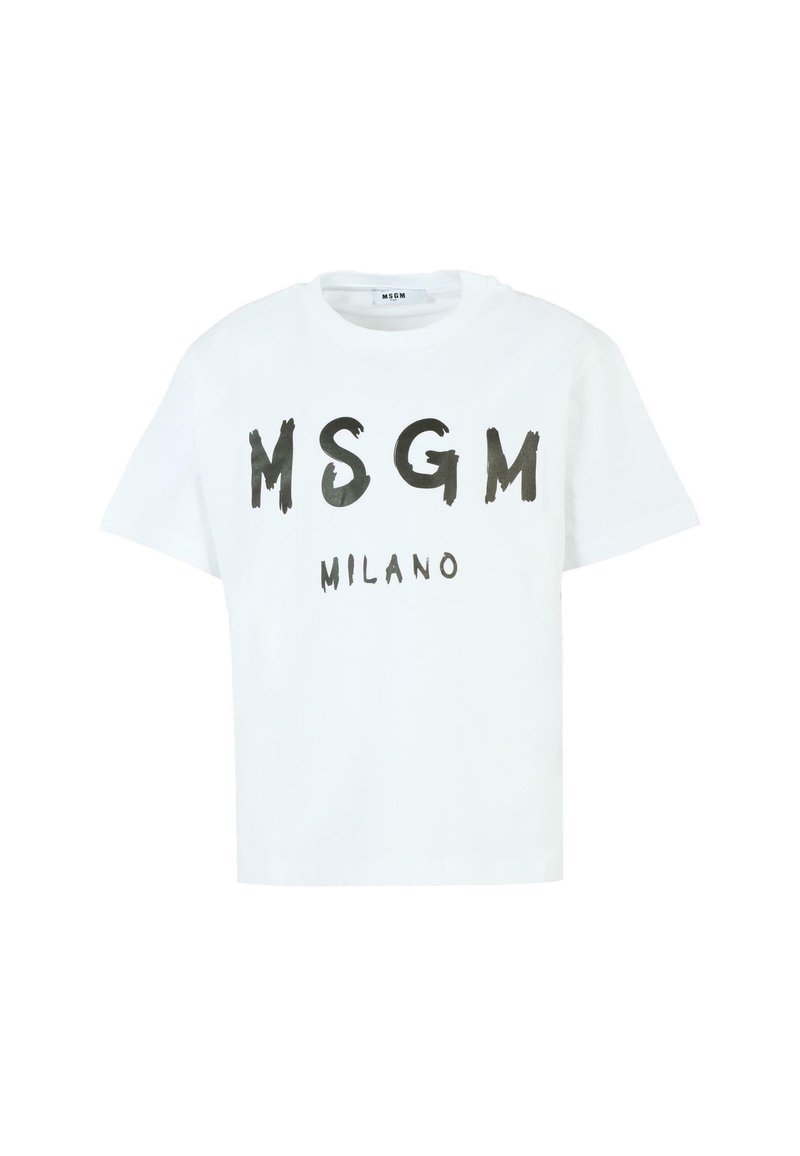 Biała bawełniana koszulka z krótkim rękawem z mocnym czarnym napisem "MSGM" oraz "MILANO" wydrukowanym w stylu pędzla. Okrągły dekolt.
