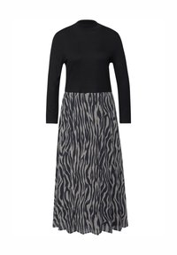 Czarna sukienka z długim rękawem, z wysokim kołnierzem i zwiewną szarą spódnicą zdobioną czarnym, abstrakcyjnym wzorem przypominającym zebrę.