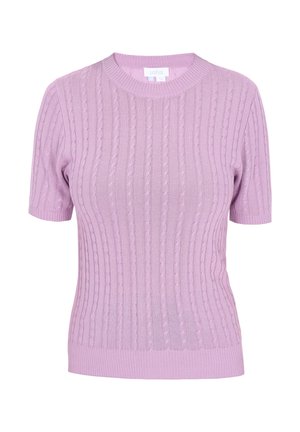 Kurzarm-Strickpullover in Helllila mit geripptem Muster und durchgehenden Zopfmustern. Rundhalsausschnitt und figurbetonter Schnitt.