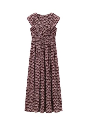 Robe sans manches longueur cheville avec motif floral rose sur fond sombre, col en V volanté et taille froncée avec détail noué sur le devant.