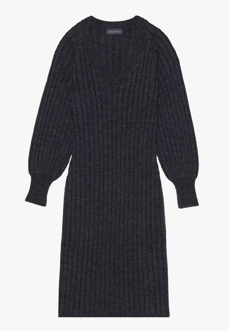 Dark gray ribbed-knit dress with a v-neckline and long, balloon-style sleeves. Features a fitted waist and textured fabric for warmth.