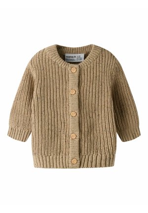 Cardigan bébé beige en maille avec manches longues et cinq boutons en bois sur le devant, taille 1-2 mois.