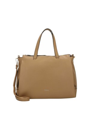 Braune synthetische Handtasche mit doppeltüren Griffen, abnehmbarem Schultergurt, Reißverschluss und dezenten schwarzen Akzenten an den Seiten. Logo sichtbar.