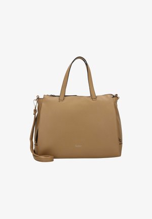 Borsa sintetica marrone con manici doppi, tracolla rimovibile, chiusura con zip e sottili dettagli neri sui lati. Logo visibile.