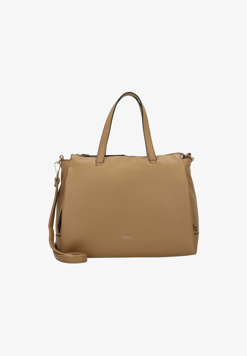 Sac à main synthétique marron avec des poignées doubles, une bandoulière détachable, une fermeture éclair et des accents noirs subtils sur les côtés. Logo affiché.