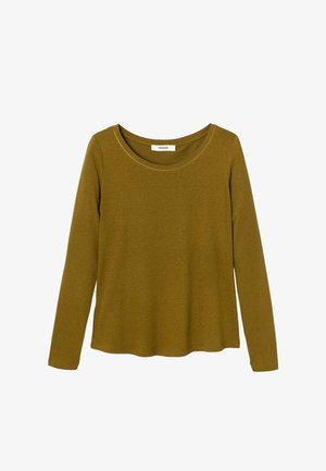 Chemise à manches longues en vert olive, en tissu jersey doux. Présente un col rond et une coupe décontractée, avec une texture lisse.