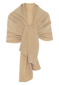 Beżowy muślinowy szal o teksturowanej powierzchni i frędzlach, zawiązany w supeł na środku, dający miękki, zwisający wygląd.