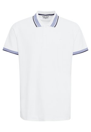 White polo shirt with a two-button placket, contrasting navy and light blue striped collar and sleeve hems, cotton fabric, Regular fit.