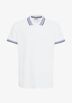 White polo shirt with a two-button placket, contrasting navy and light blue striped collar and sleeve hems, cotton fabric, Regular fit.