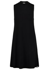 Mustahdud musta kleit ilma varrukateta, pehme kangaga, millel on ümar kaelus, flared kuju ja väike logo aktsent ääres.