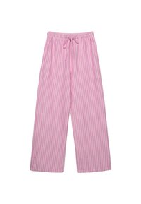 Pantalons larges rayés roses avec une taille élastique et un cordon de serrage, fabriqués dans un tissu doux. Les rayures verticales sont espacées de manière égale.