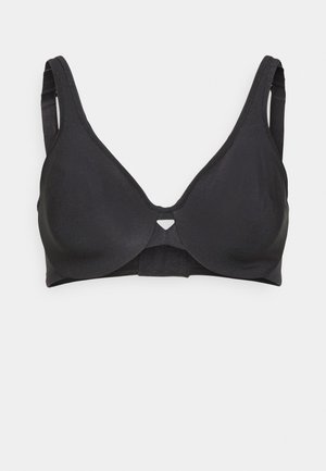 Musta rintaliivi, jossa on sileä kangas, kevyesti muotoillut kupit ja säädettävät olkaimet. Keskellä on kolmion muotoinen aukko ja hakas closure.