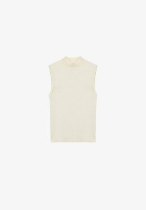 Sleeveless, creamy white ribbed top with a high neck, featuring a textured pattern and a straight hem. Soft, lightweight fabric.