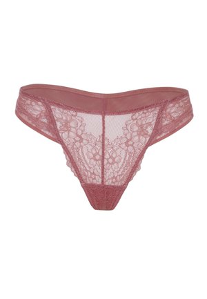 Perizoma in pizzo rosa con motivo floreale, lati in rete trasparente e fascia in vita solida. Presenta una parte posteriore stretta e delicati dettagli di cucitura.