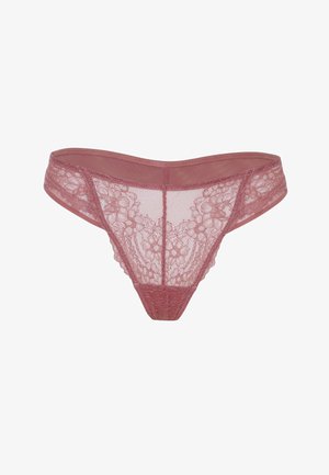 Perizoma in pizzo rosa con motivo floreale, lati in rete trasparente e fascia in vita solida. Presenta una parte posteriore stretta e delicati dettagli di cucitura.