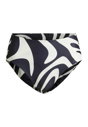 Sort og hvidt bikiniunderdel med høj talje og abstrakte, bølgende mønstre på et glat stof.