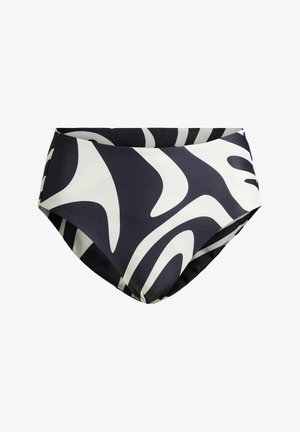 Sort og hvidt bikiniunderdel med høj talje og abstrakte, bølgende mønstre på et glat stof.