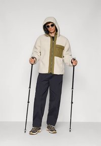 Moški nosi kapuco, flis jakno, sončna očala, temne hlače in pohodniške čevlje, v rokah drži dve pohodniški palici na enotnem ozadju.