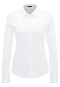 Weißes Langarmhemd mit klassischem Kragen, glatter Stoff und perlenartige Knöpfe entlang der Button-Down-Leiste.