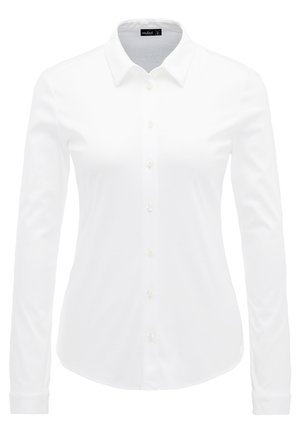 Weißes Langarmhemd mit klassischem Kragen, glatter Stoff und perlenartige Knöpfe entlang der Button-Down-Leiste.