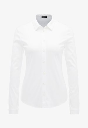 Weißes Langarmhemd mit klassischem Kragen, glatter Stoff und perlenartige Knöpfe entlang der Button-Down-Leiste.