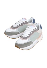 Sportliche Schuhe mit einer Mischung aus Weiß, Grau und Pastellakzenten. Material aus Wildleder und Mesh, Schnürdesign und einer strukturierten Gummisohle.