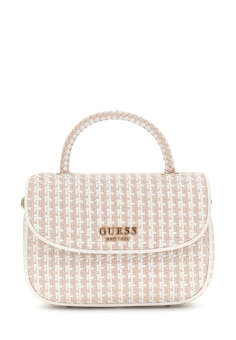 Borsa intrecciata in morbidi toni di rosa e bianco con manico intrecciato, caratterizzata da un accento con logo dorato e chiusura a patta. Forma compatta e rettangolare.